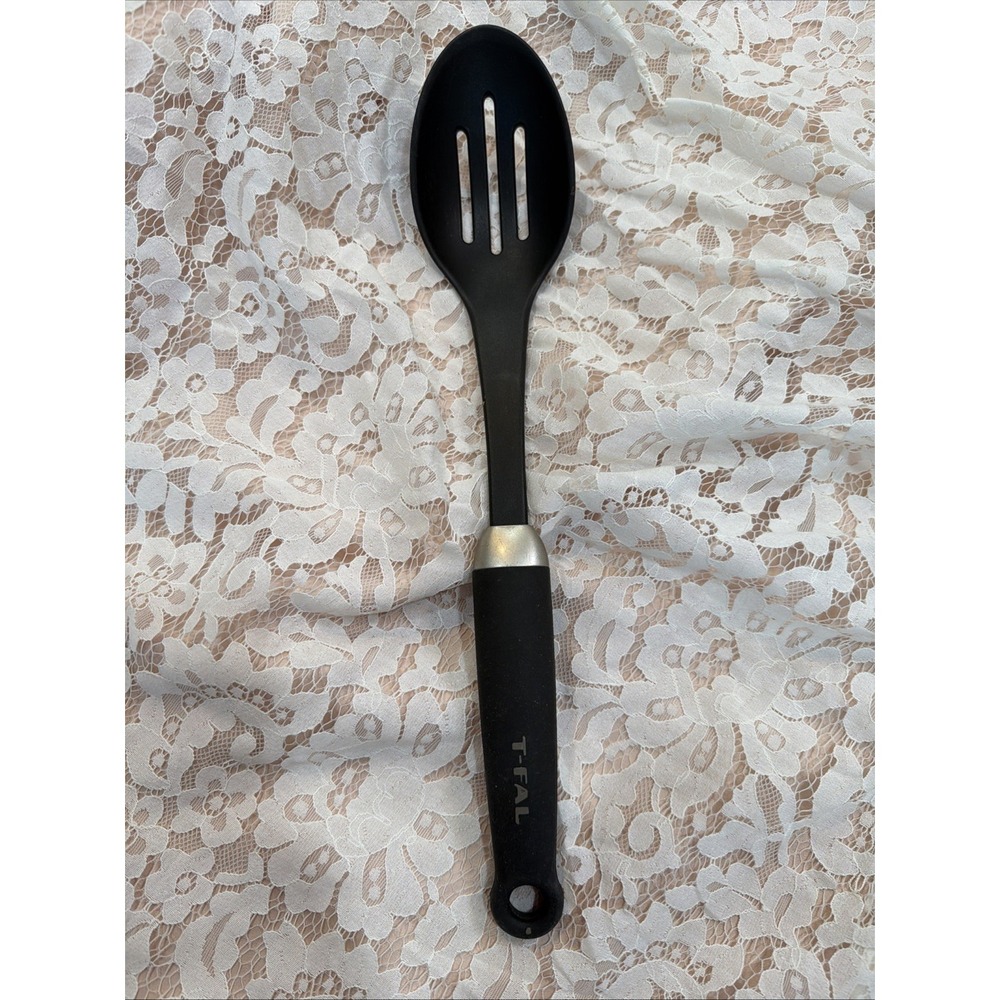 T-fal Plastic Slotted Serving Spoon w/ Rubber Feeling Handle‎ Black and Silver